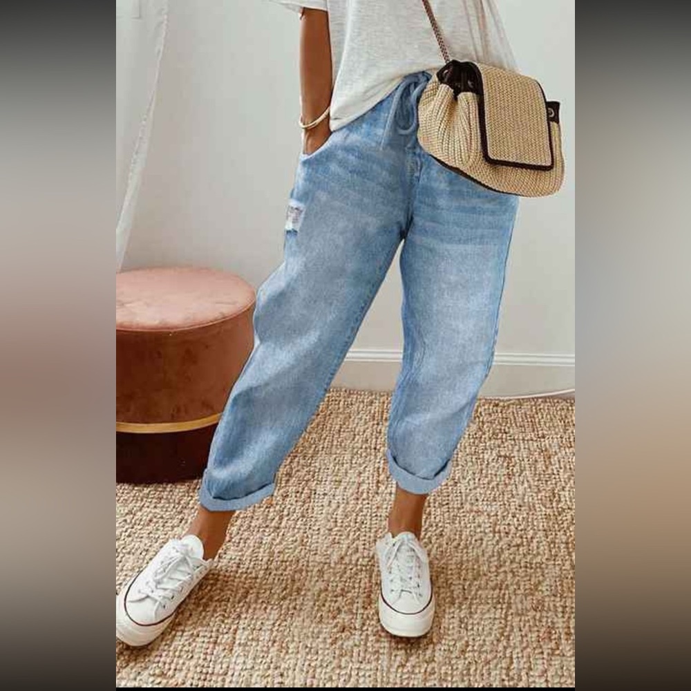Flamingo Drawstring Waist Ripped‎ Mid Rise Straight Leg Jeans size S